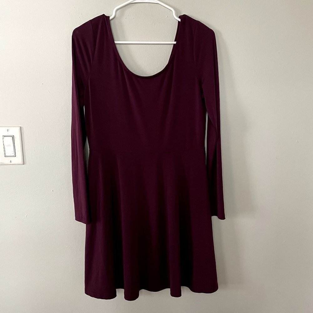 Divided deep plum purple long sleeved scoop neck full skirt fit flare dress